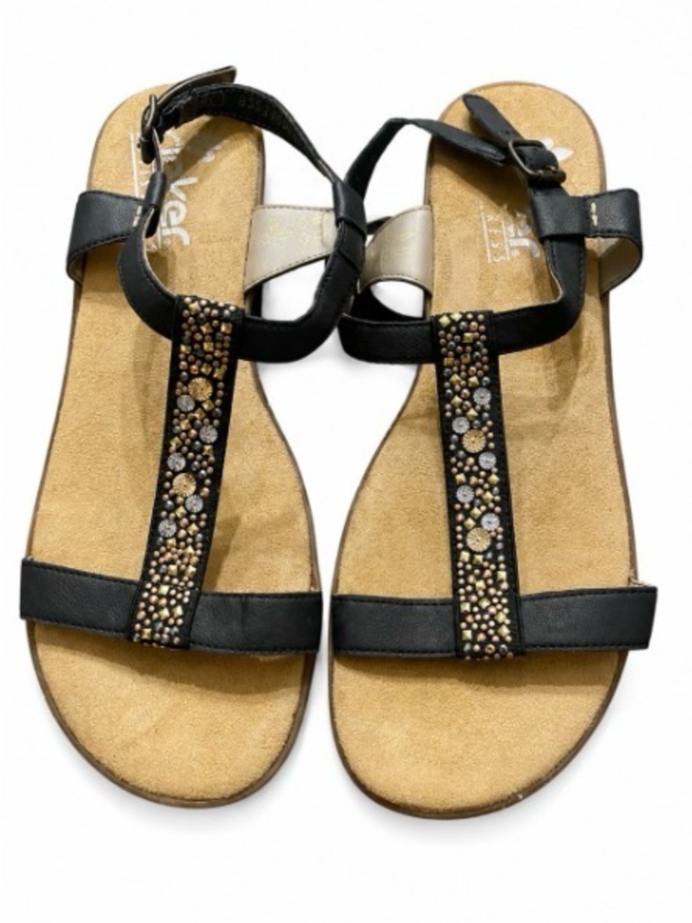 Rieker Black T‑Strap Sandals with Metallic Stud Accents
